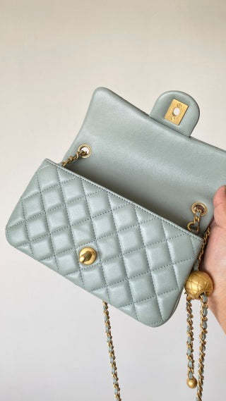 CC 25 classic flap bag 20 mini gold ball soft pastel green calfskin