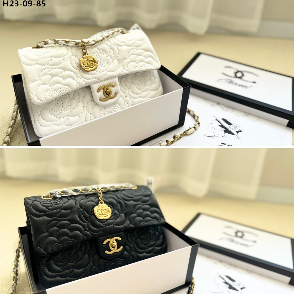 CC FLAP BAG WITH CAMELLIA FLOWER CHAIN BLACK 26CM