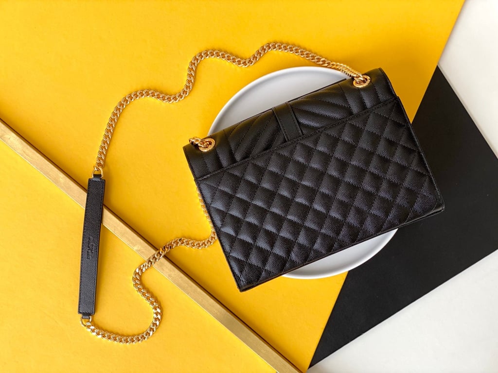 SAINT LAURENT ENVELOPE MEDIUM CHAIN BAG IN SUPPLE MATELASSE LEATHER BLACK GOLD 24CM