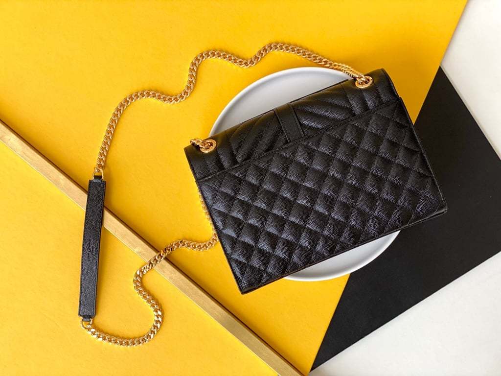SAINT LAURENT ENVELOPE MEDIUM CHAIN BAG IN SUPPLE MATELASSE LEATHER BLACK GOLD 24CM