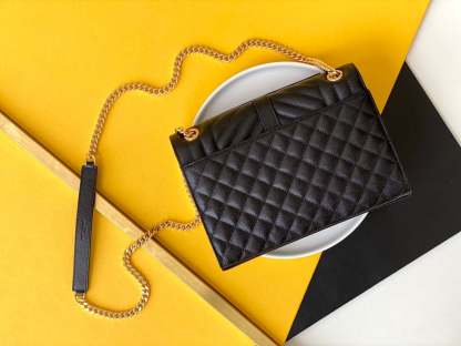 SAINT LAURENT ENVELOPE MEDIUM CHAIN BAG IN SUPPLE MATELASSE LEATHER BLACK GOLD 24CM