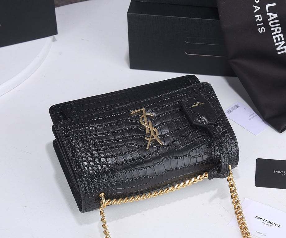 SAINT LAURENT SUNSET MEDIUM CHAIN GAB IN CROCODILE EMBOSSED SHINY BLACK GOLD 22CM