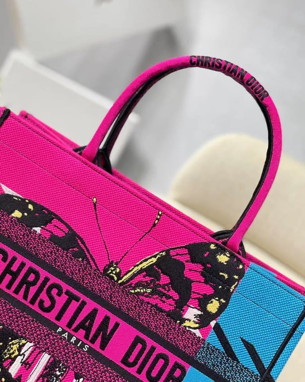 DIR MEDIUM BOOK TOTE BRIGHT BLUE AND BRIGHT PINK D-JUNGLE POP EMBROIDERY 36CM