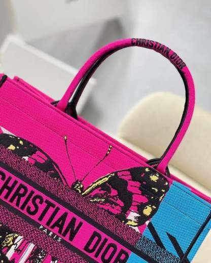 DIR MEDIUM BOOK TOTE BRIGHT BLUE AND BRIGHT PINK D-JUNGLE POP EMBROIDERY 36CM