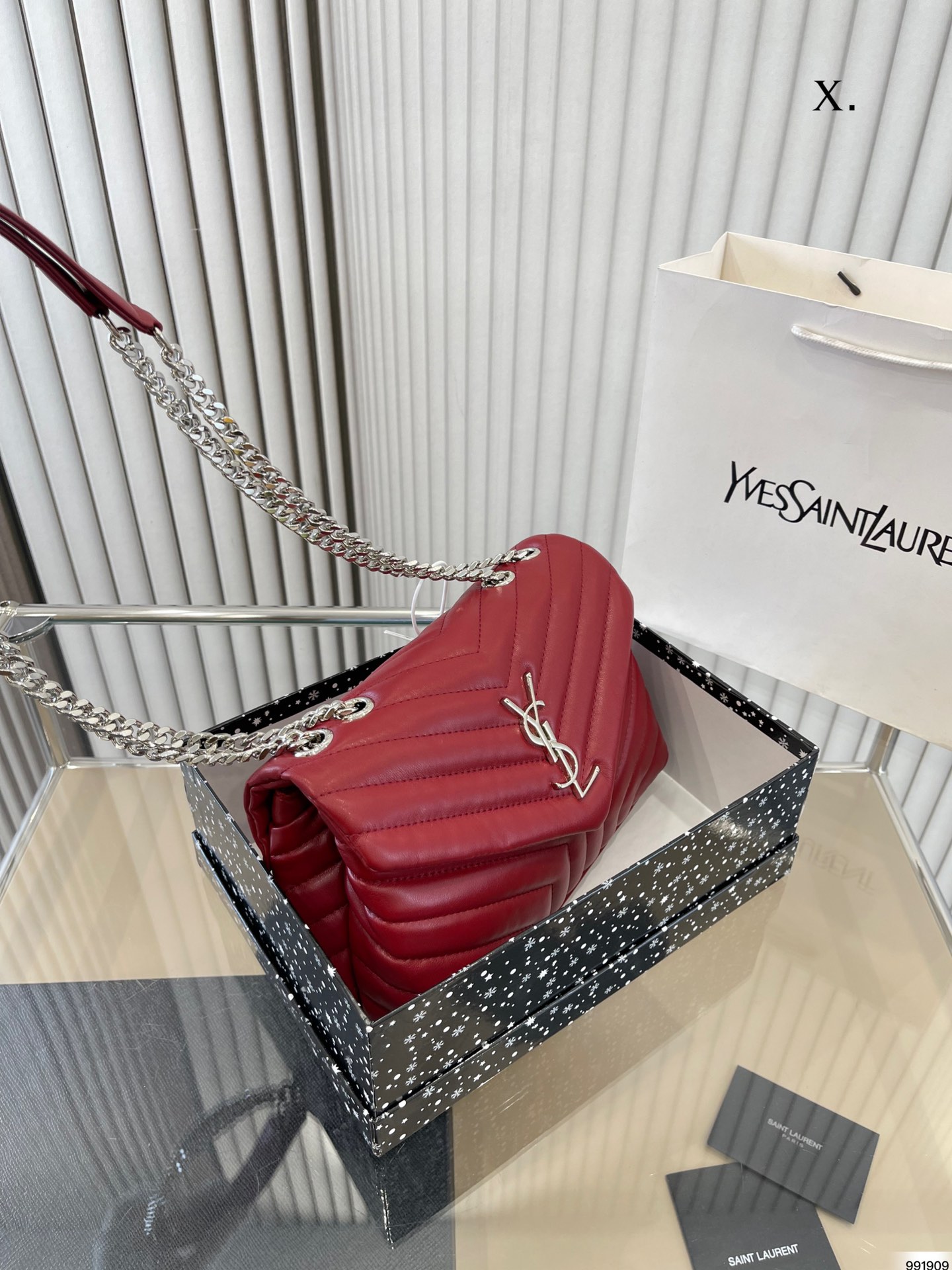 YSL LOULOU SMALL CHAIN BAG IN QUILTED "Y" LEATHER WINE RED