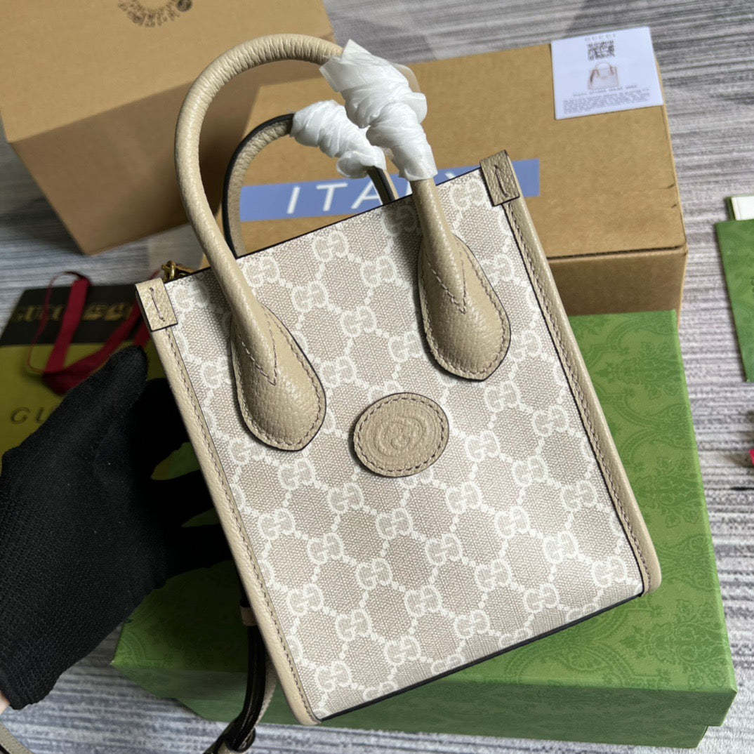 gg Mini Tote Bag With Interlocking G Beige For Women, Women&#8217;s Bags 7.8in/20cm gg ‎671623 UULBT 9683