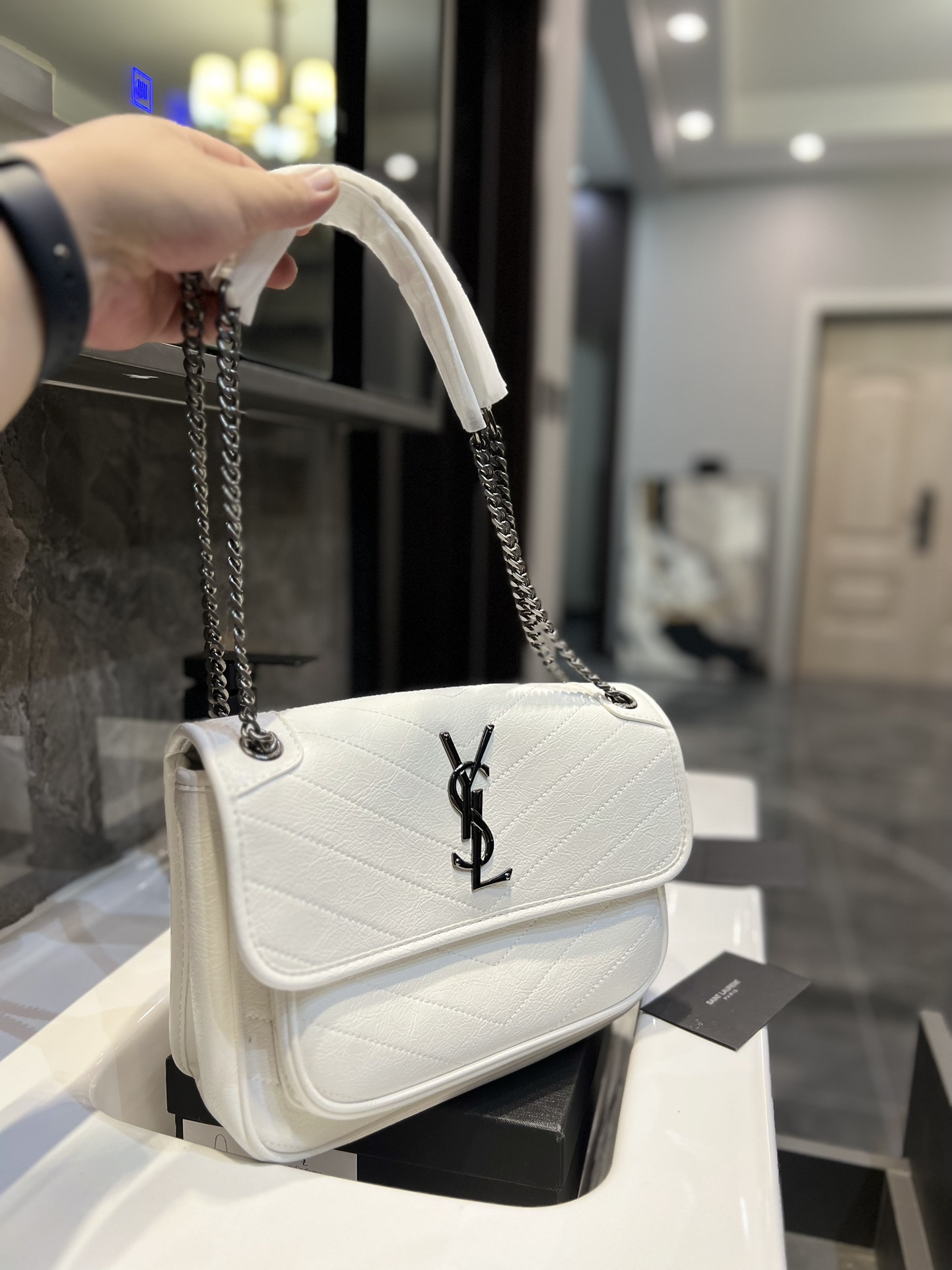 YSL NIKI BABY CHAIN BAG IN WHITE LAMBSKIN 6331601EL079207