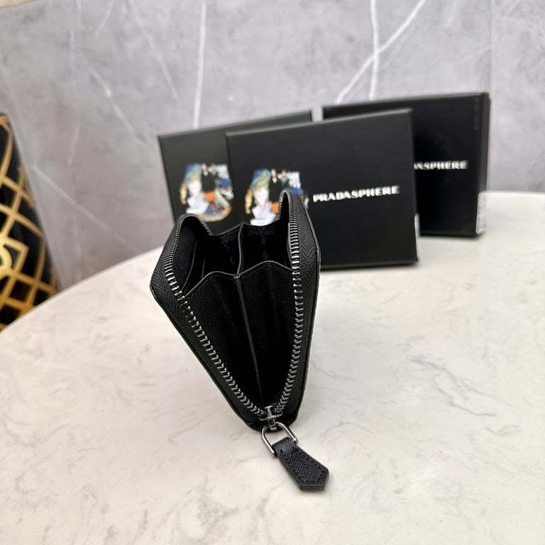 PR SAFFIANO LEATHER COIN PURSE FULL BLACK WALLET 10CM 1MM268 QWA F0016