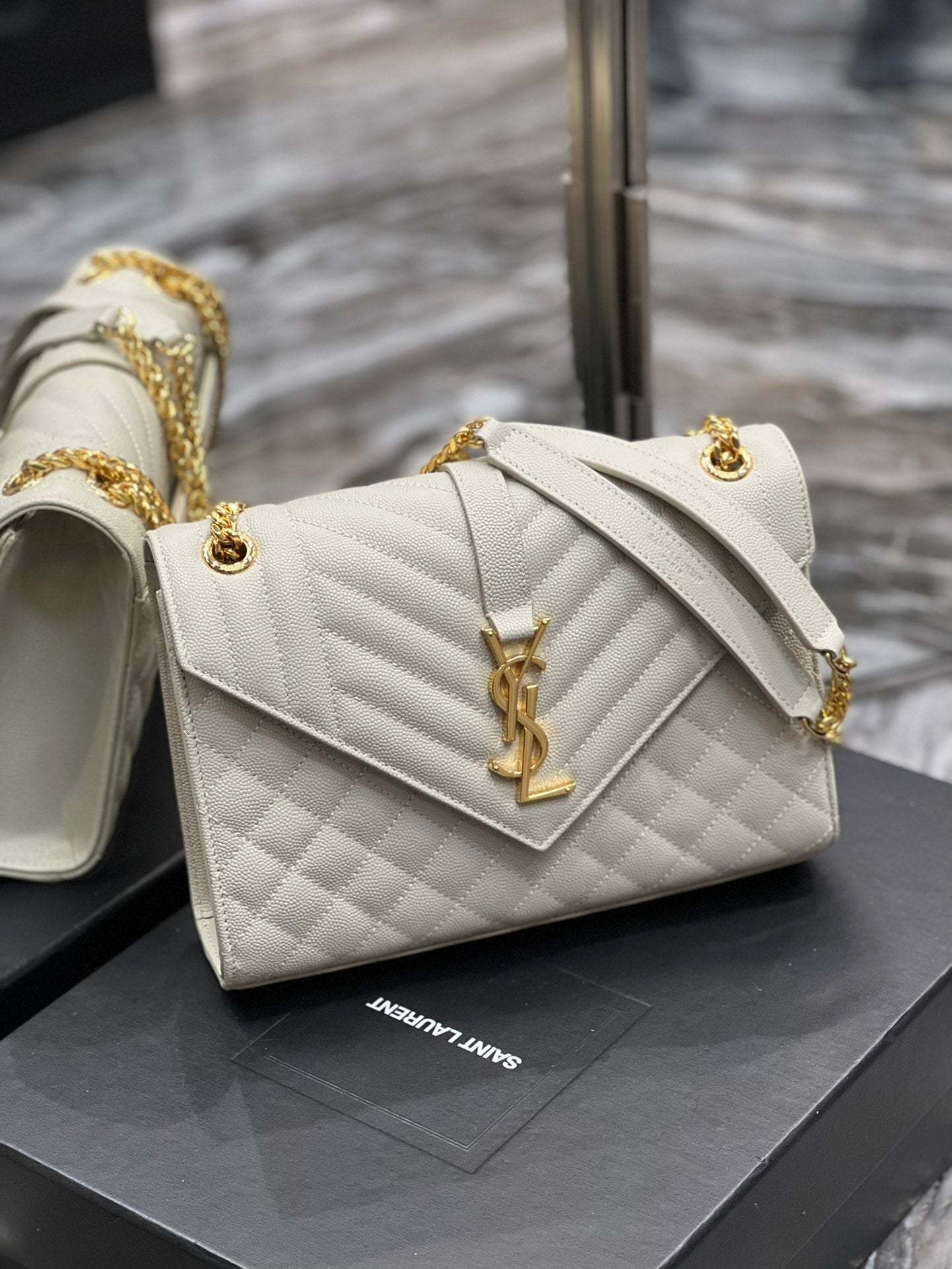 YSSL Envelope Medium Chain Bag White For Women, Women’s Bags 9.4in/24cm YSL