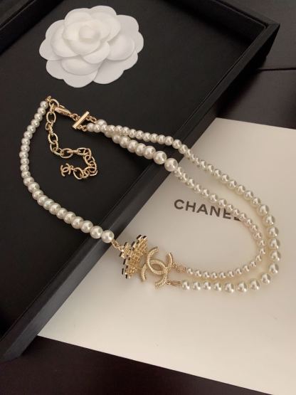 CC FAUX PEARL AND CRYSTAL CC DOUBLE STRAND NECKLACE