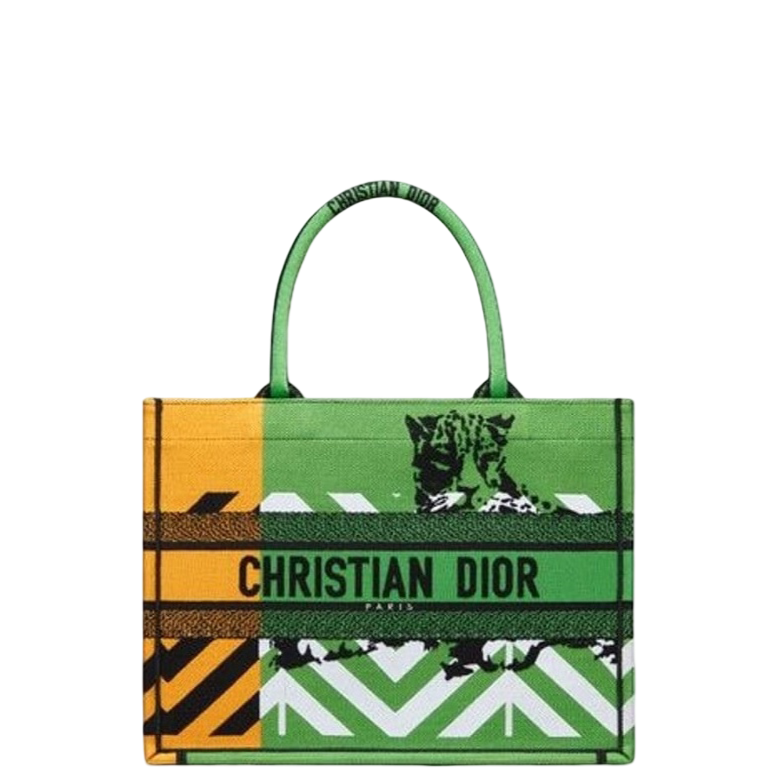 DIR MEDIUM BOOK TOTE BRIGHT GREEN AND BRIGHT YELLOW D-JUNGLE POP EMBROIDERY 36CM