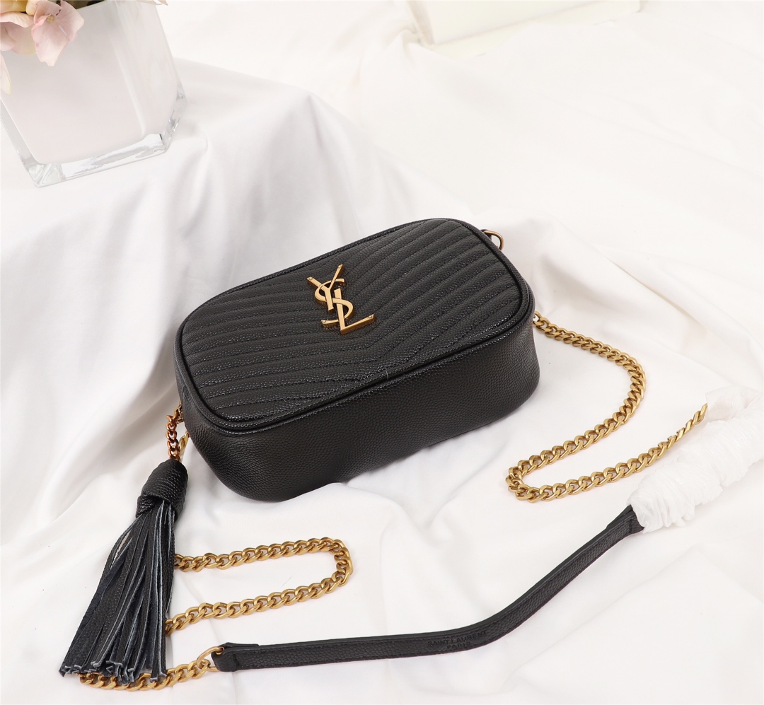 YSL LOU CAMERA BAG IN QUILTED LEATHER GOLD HARDWARE BLACK 18CM