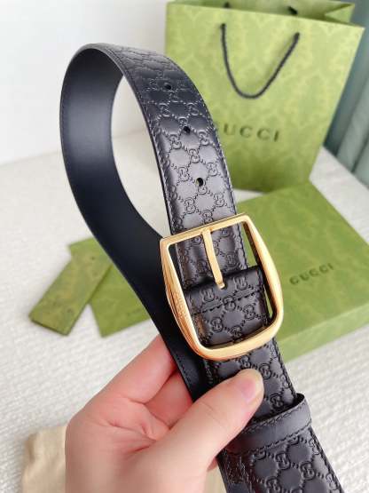 GG CALFSKIN MONOGRAM BLACK BELT GOLD METAL 4CM