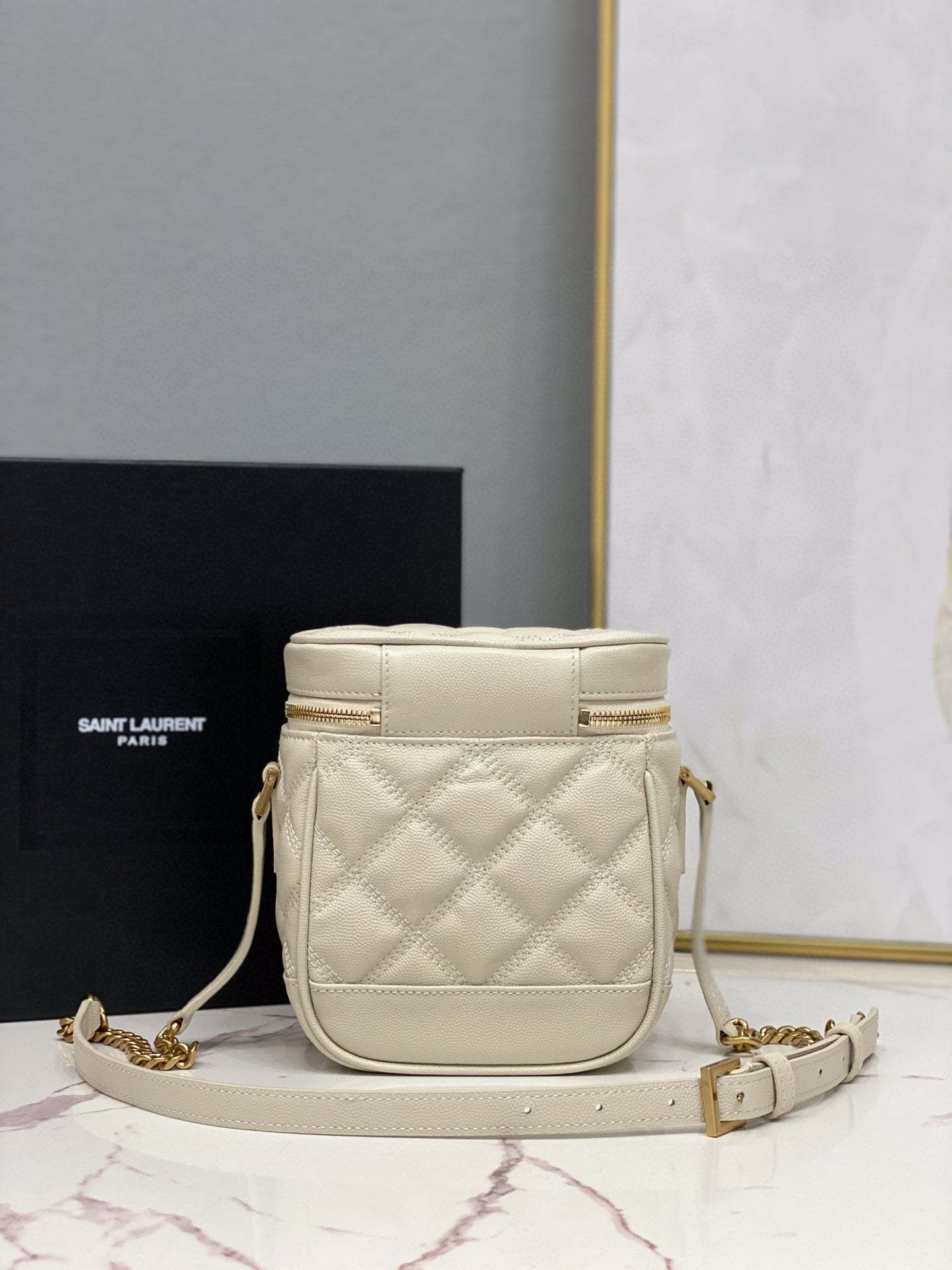 YSSL 80’s Vanity Bag In Carré-Quilted Grain De Poudre White For Women 6.4in/16.5cm YSL 649779DME279207