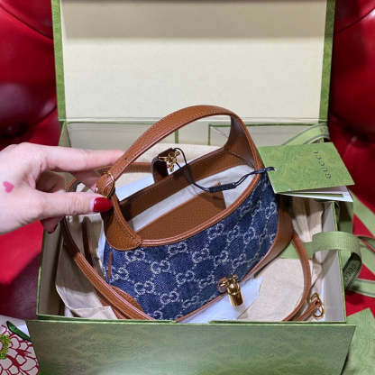 gg Jackie 1961 Mini Shoulder Bag Dark Blue And Ivory Eco Washed Organic gg Jacquard Denim For Women 7.5in/19cm gg 637092 2KQgg 8375