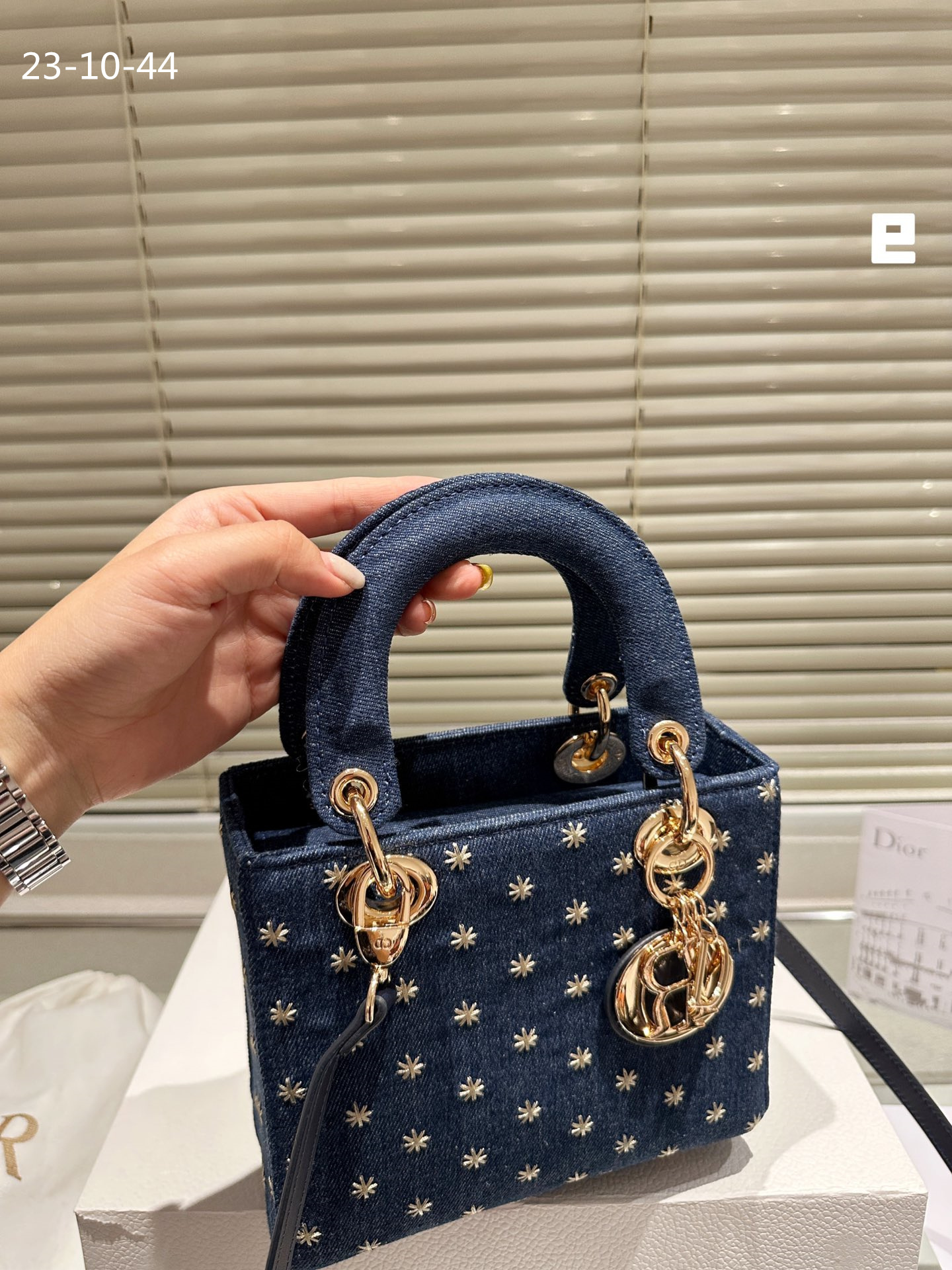 DOR LADY DOR MICRO BAG EMBROIDERED WITH GOLD TONE STARS BLUE DENIM 20CM