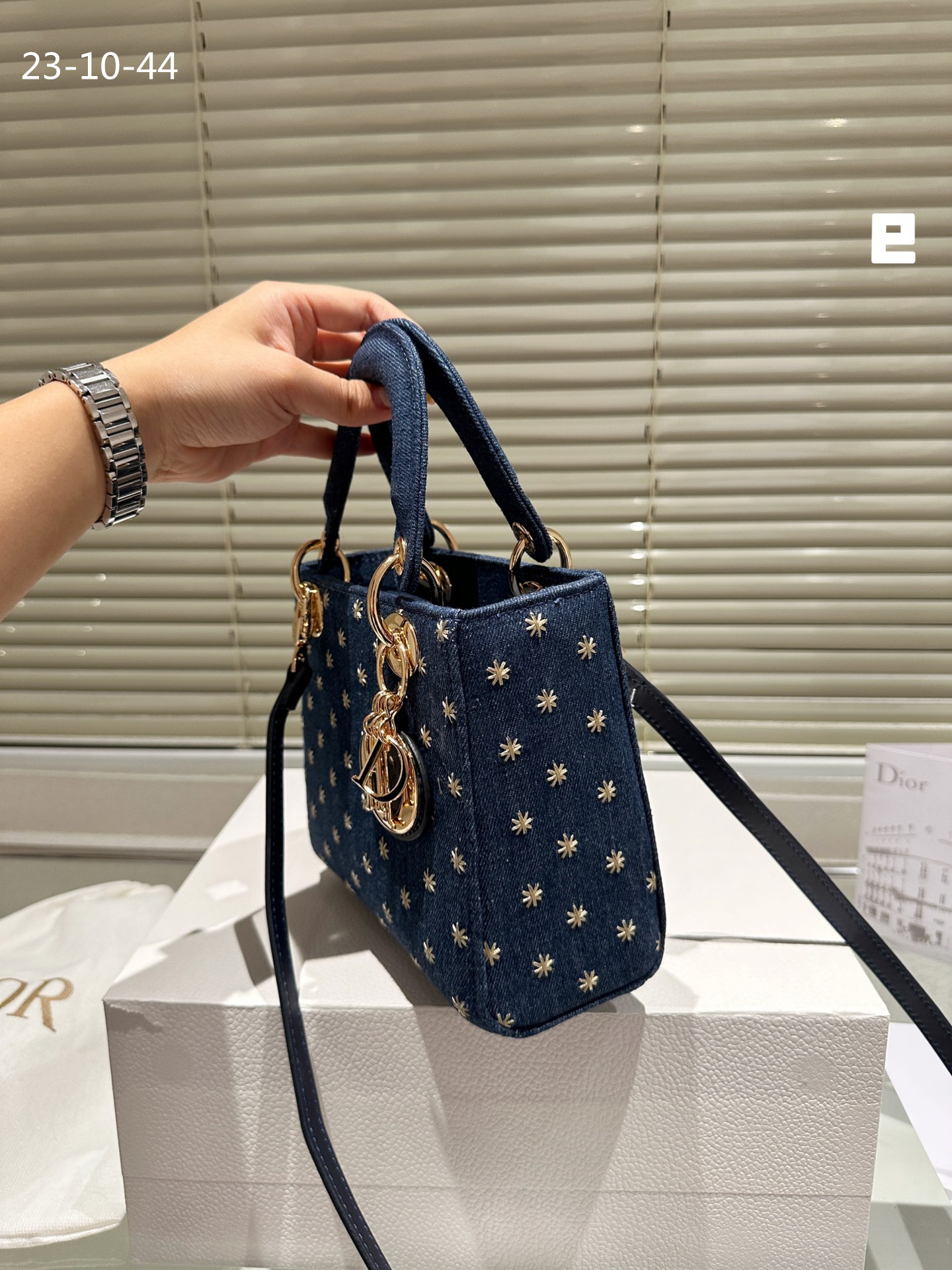 DOR LADY DOR MICRO BAG EMBROIDERED WITH GOLD TONE STARS BLUE DENIM 20CM