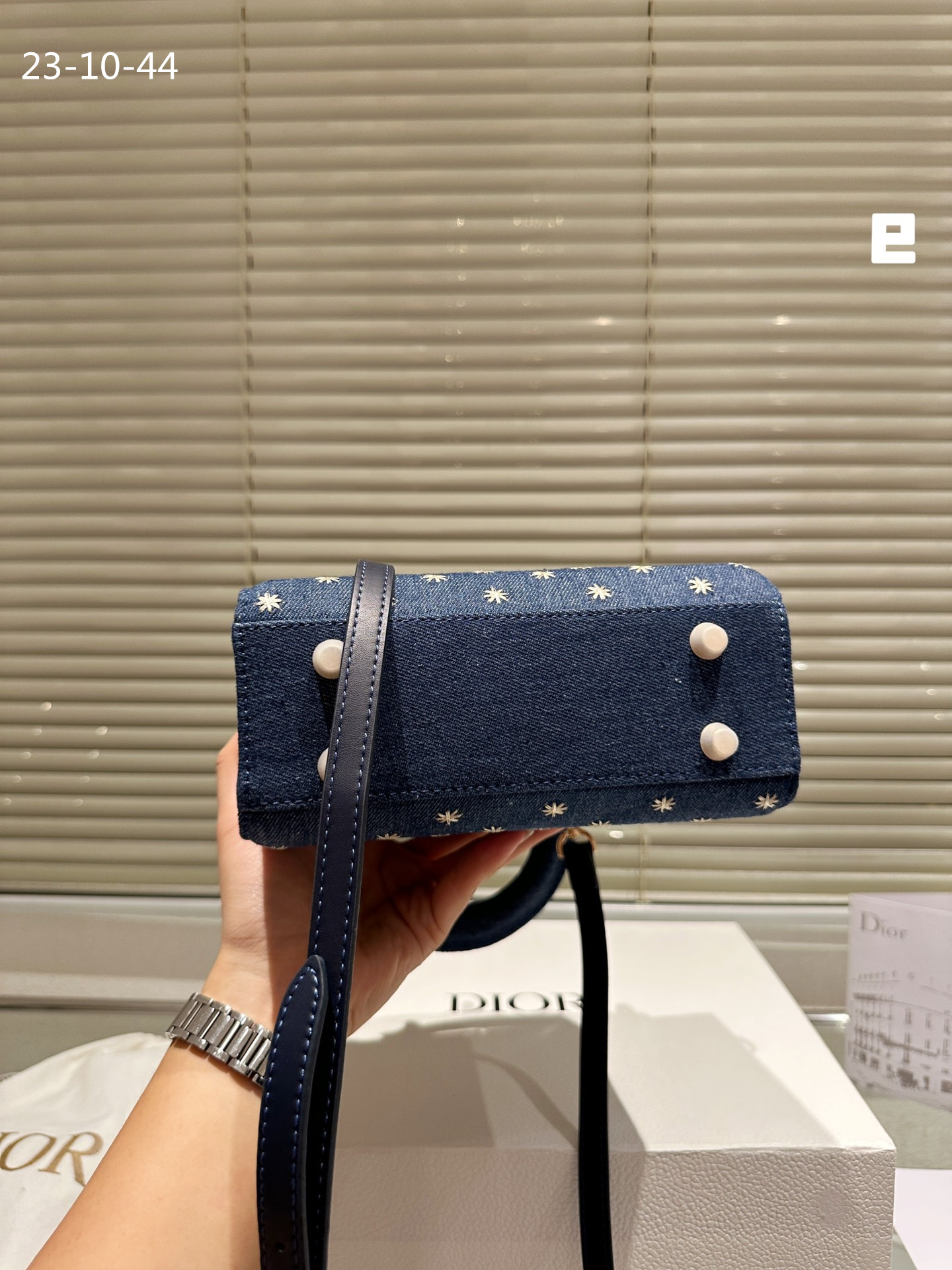 DOR LADY DOR MICRO BAG EMBROIDERED WITH GOLD TONE STARS BLUE DENIM 20CM