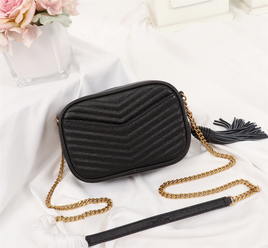 YSL LOU CAMERA BAG IN QUILTED LEATHER GOLD HARDWARE BLACK 18CM