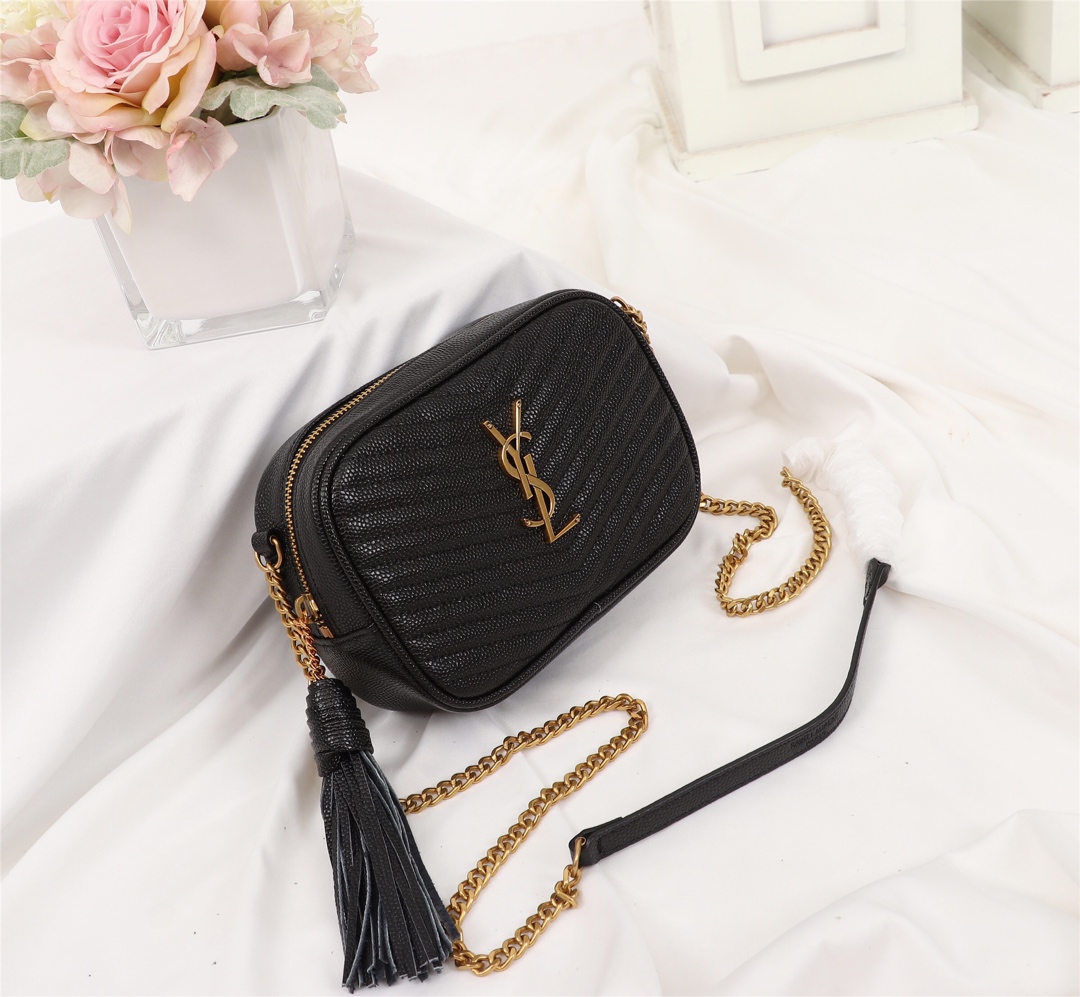 YSL LOU CAMERA BAG IN QUILTED LEATHER GOLD HARDWARE BLACK 18CM