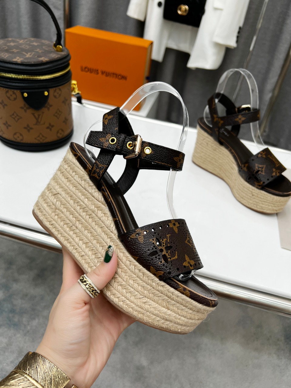 LUV BLACK AND BROWN WOMEN’S STARBOARD WEDGE SANDAL