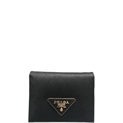 PR SMALL SAFFIANO LUX LEATHER FLAP CONTINENTAL TRIANGLE BLACK WALLET 10CM
