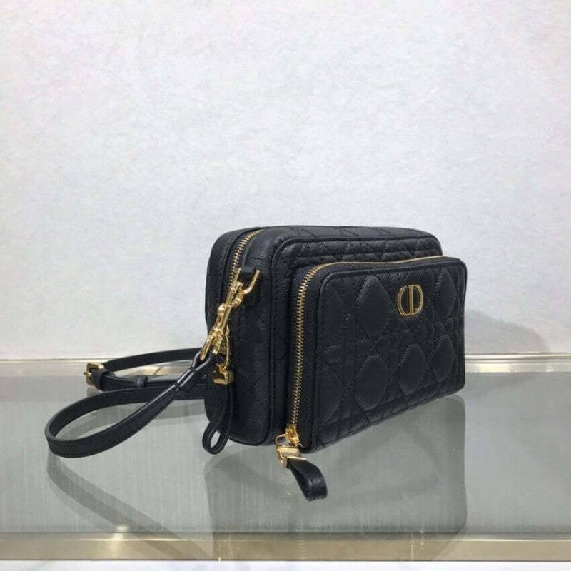 Caro Double Pouch Black Supple Cannage Calfskin M9237