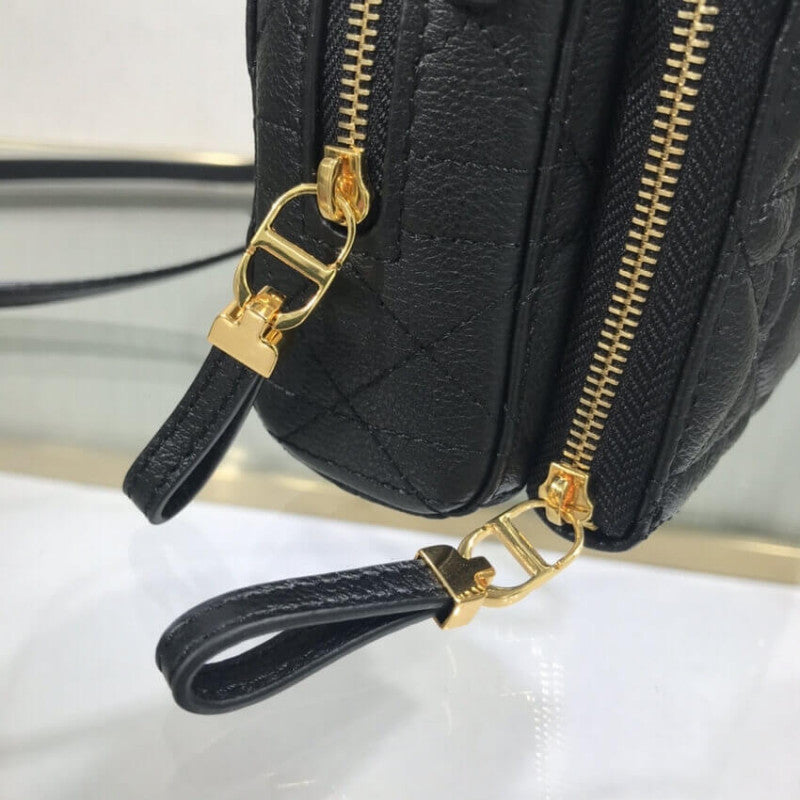 Caro Double Pouch Black Supple Cannage Calfskin M9237