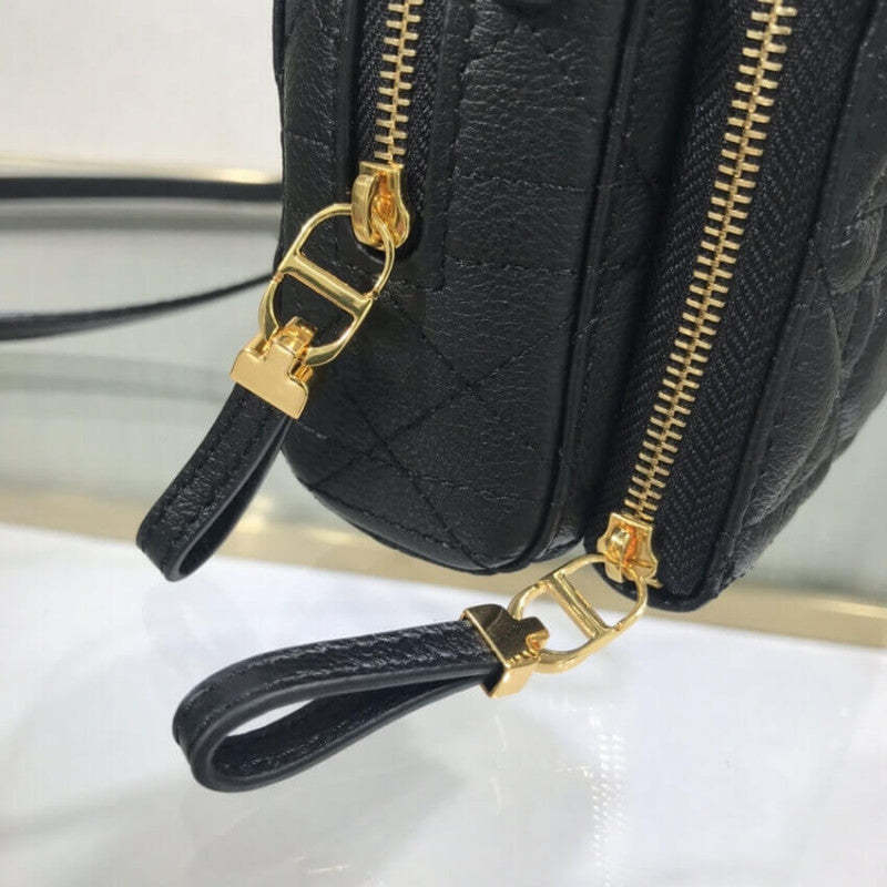 Caro Double Pouch Black Supple Cannage Calfskin M9237