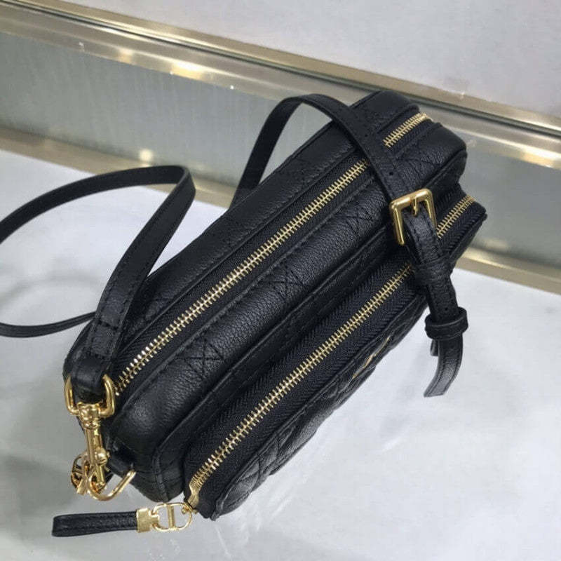 Caro Double Pouch Black Supple Cannage Calfskin M9237