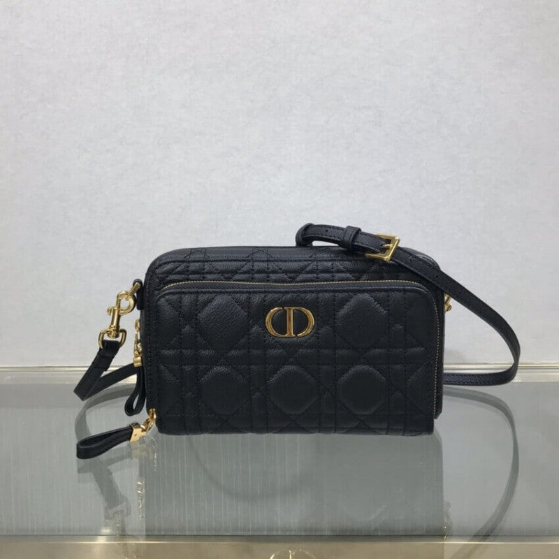 Caro Double Pouch Black Supple Cannage Calfskin M9237