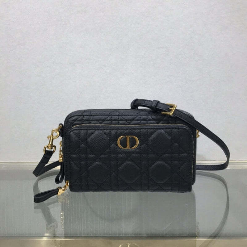 Caro Double Pouch Black Supple Cannage Calfskin M9237