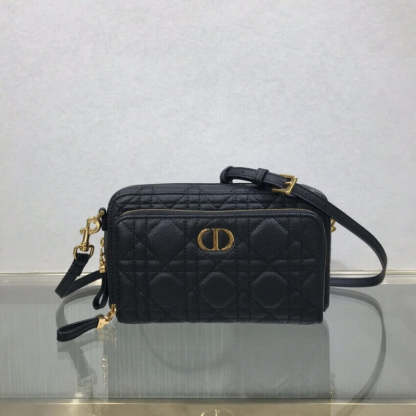 Caro Double Pouch Black Supple Cannage Calfskin M9237