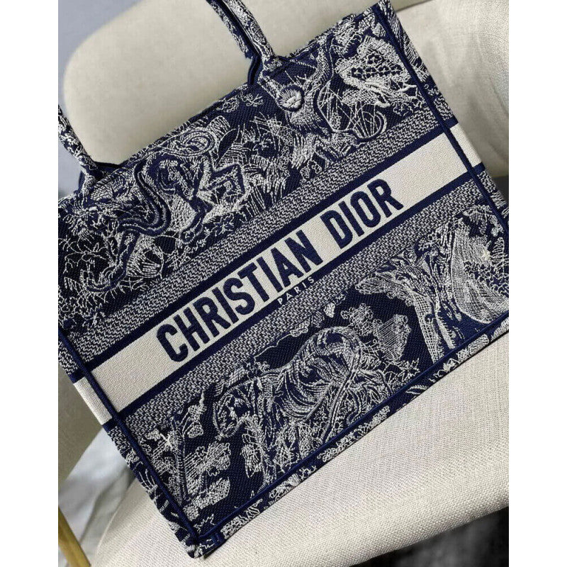 Small Book Tote Blue Toile de Jouy Reverse Embroidery M1296