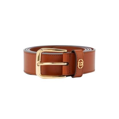 GG BROWN BELT WITH SQUARE BUCKLE AND INTERLOCKING G GOLD MEATL 35MM