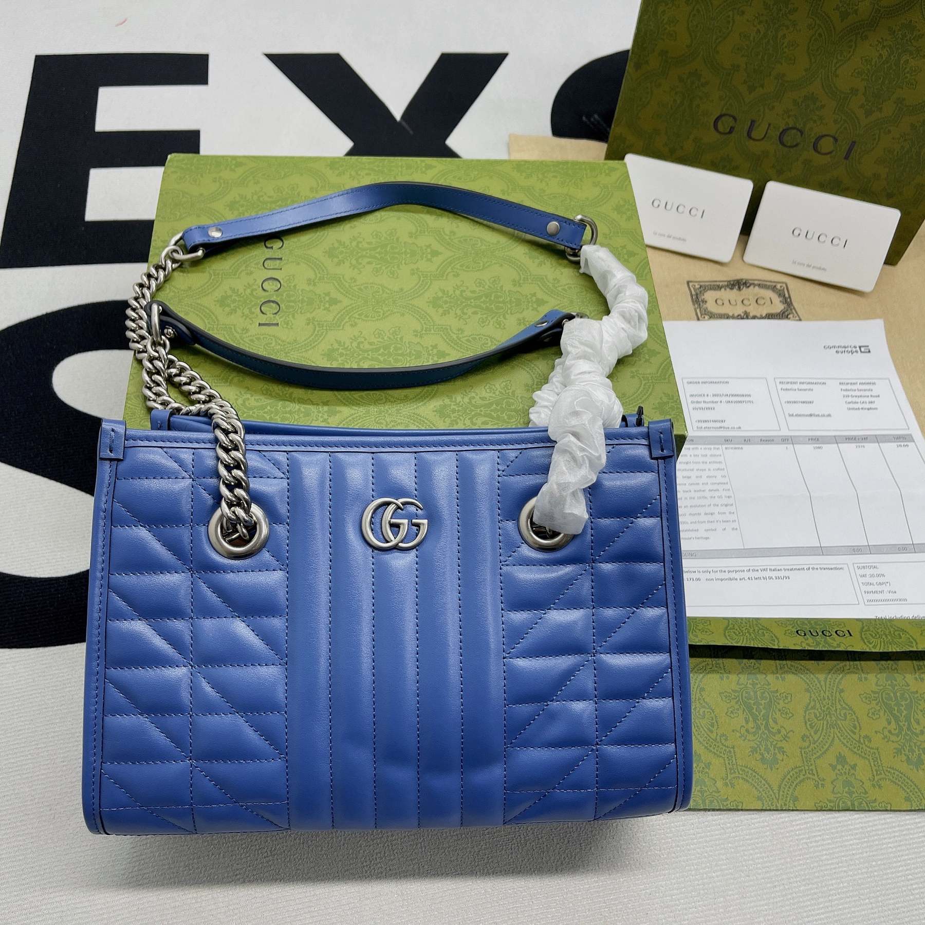 gg Marmont Medium Matelasse Tote Blue For Women, Women’s Bags 13.6in/34cm gg ‎‎675796 UM8BF 4340