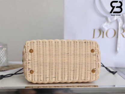DIR NATURAL WICKER AND BLUE DIR OBLIQUE JACQUARD BAG