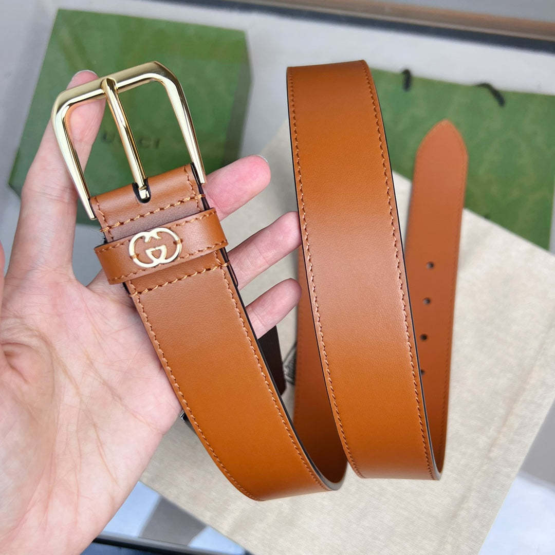 GG BROWN BELT WITH SQUARE BUCKLE AND INTERLOCKING G GOLD MEATL 35MM
