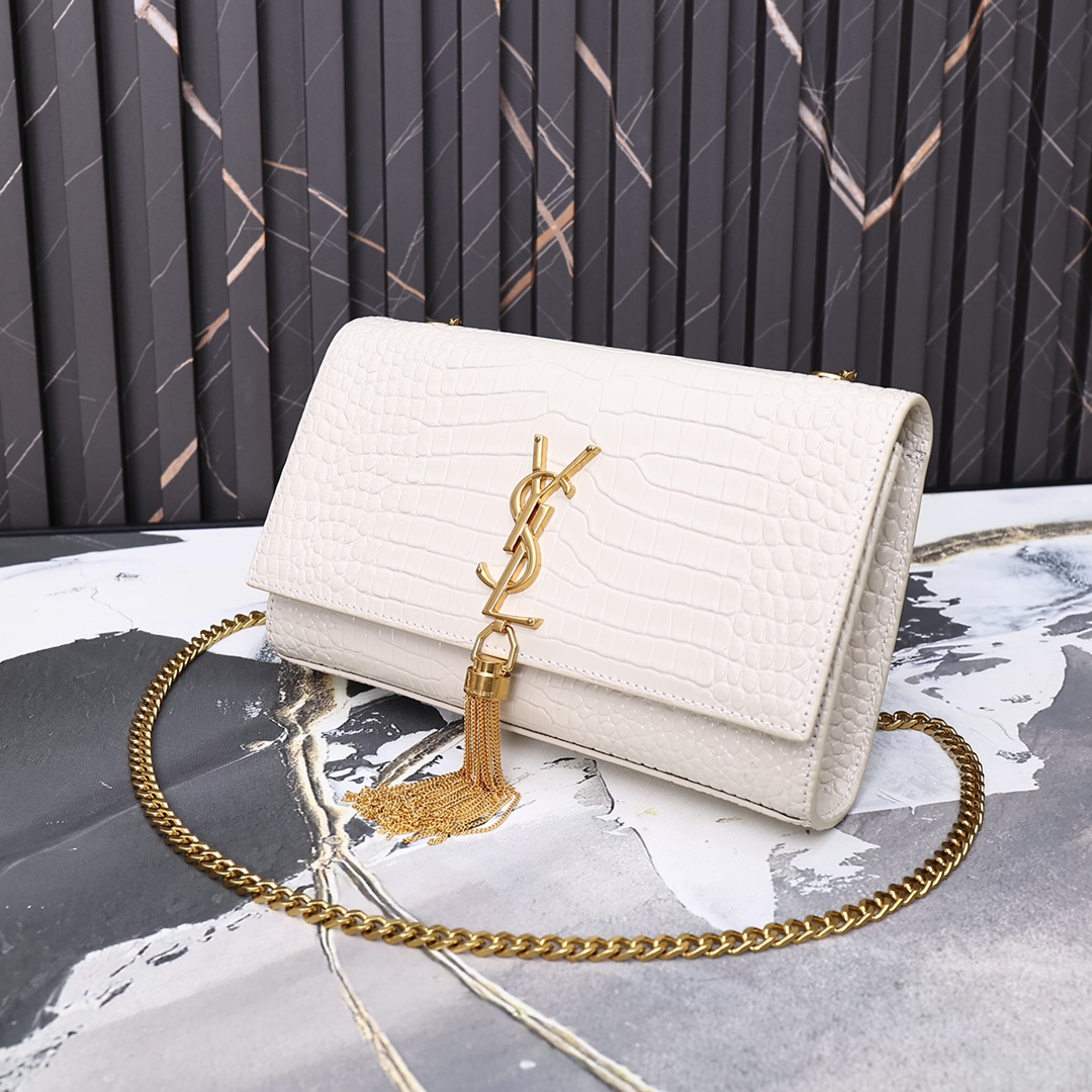 YSL KATE MEDIUM CHAIN BAG WITH TASSEL IN CROCODILE-EMBOSSED SHINY WHITE 354119DND0J9207