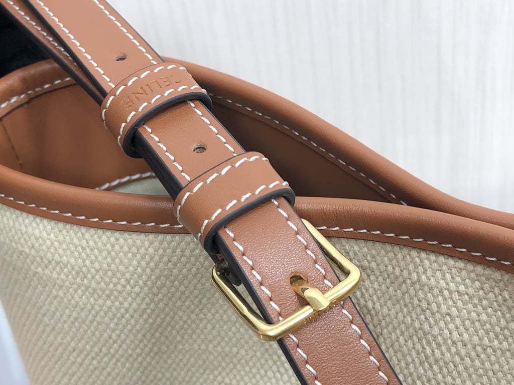 CE CUIR TRIOMPHE IN TEXTILE AND CALFSKIN NATURAL TAN BAG BUCKET