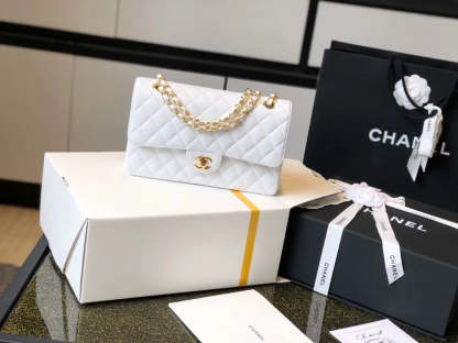 Chanel Classic Medium Flapbag Golden Hardware White 10in/25.5cm