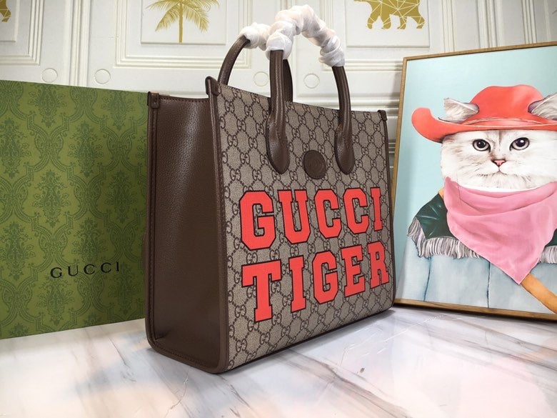 GG TIGER MEDIUM TOTE BAG WITH INTERLOCKING G 31CM DARK BROWN