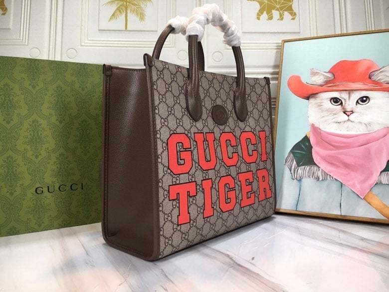 GG TIGER MEDIUM TOTE BAG WITH INTERLOCKING G 31CM DARK BROWN