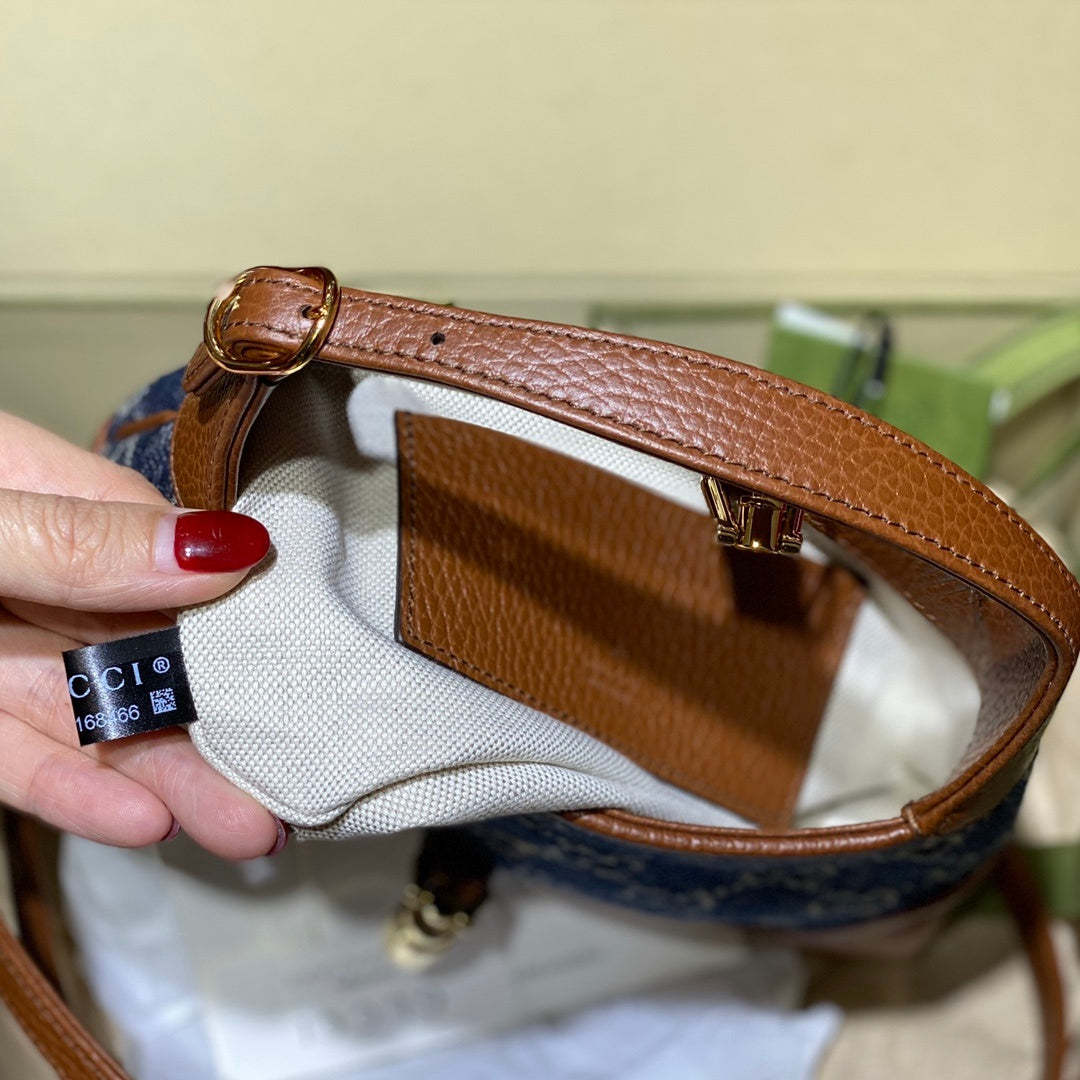 gg Jackie 1961 Mini Shoulder Bag Dark Blue And Ivory Eco Washed Organic gg Jacquard Denim For Women 7.5in/19cm gg 637092 2KQgg 8375