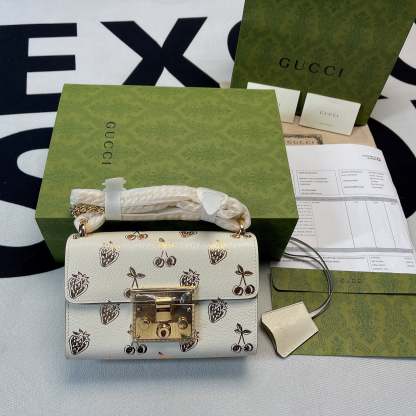gg Padlock Small gg Strawberry Shoulder Bag White For Women, Women&#8217;s Bags 7.9in/20cm gg