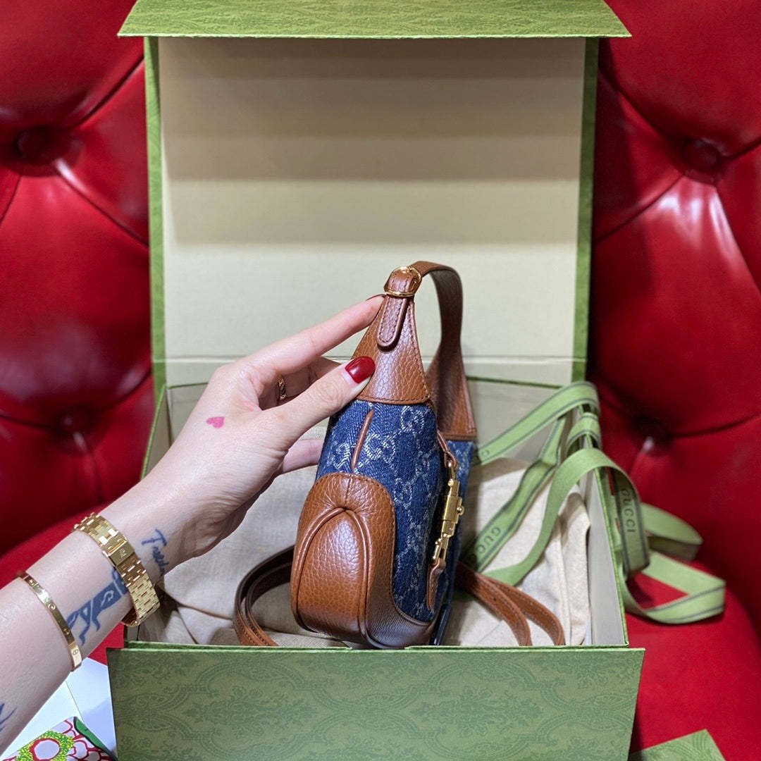 gg Jackie 1961 Mini Shoulder Bag Dark Blue And Ivory Eco Washed Organic gg Jacquard Denim For Women 7.5in/19cm gg 637092 2KQgg 8375