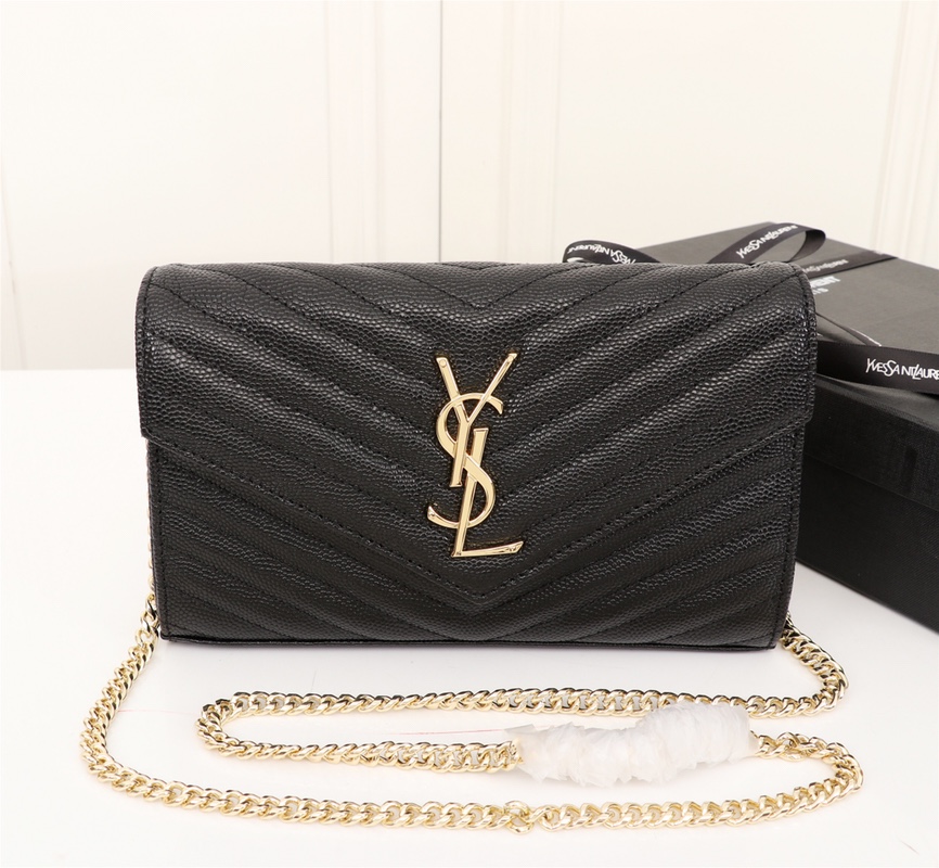 YSL CASSANDRE MATELASSÉ CHAIN WALLET IN GRAIN DE POUDRE EMBOSSED BLACK GOLD 22CM 377828BOW011000