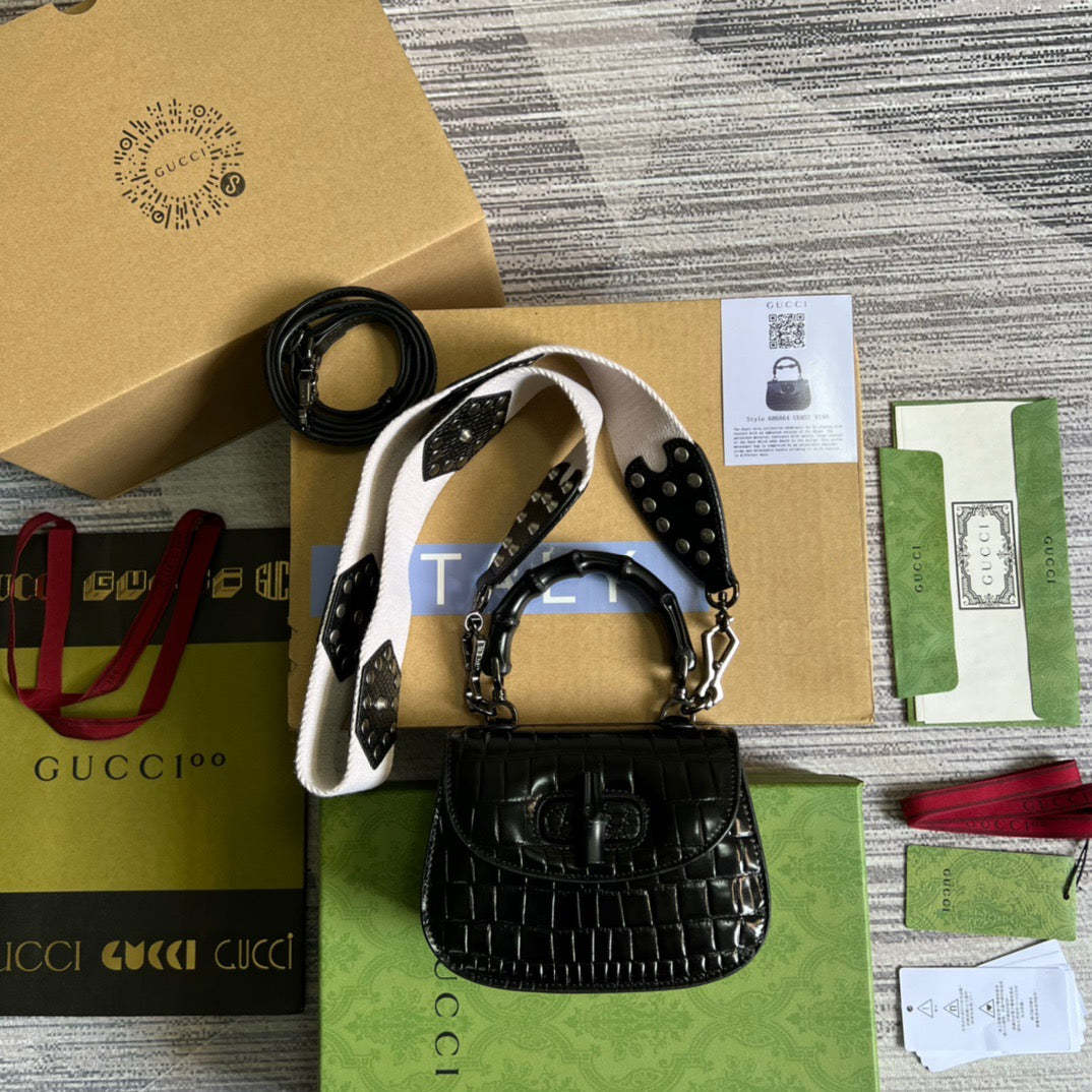 gg Bamboo 1947 Crocodile Mini Top Handle Blac Red For Women, Women’s Bags 6.7in/17cm gg