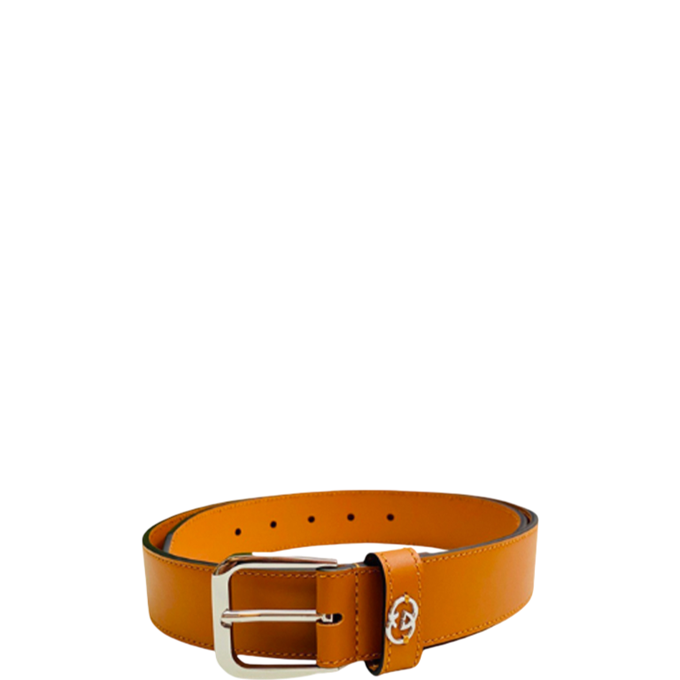 GG BROWN BELT WITH SQUARE BUCKLE AND INTERLOCKING G SILVER MEATL 35MM