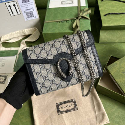 gg Dionysus gg Chain Wallet Beige And Blue Supreme Canvas For Women 8in/20cm 401231 K9GSN 4075